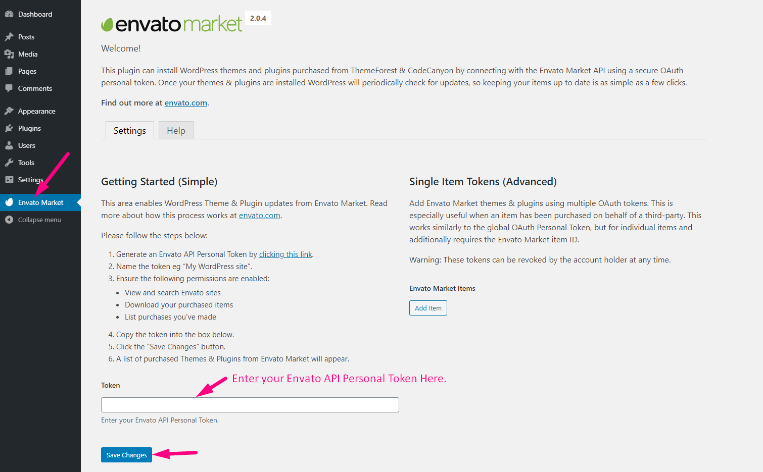 Enter your Envato API Personal Token.